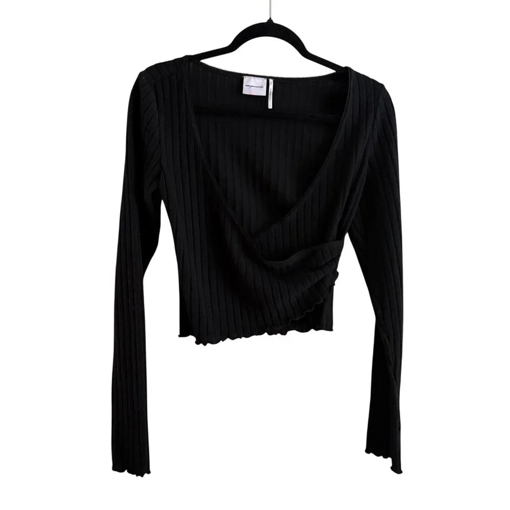 Out From Under Urban Outfitters Women M Black Lila Brushed Rib Cropped Wrap Top